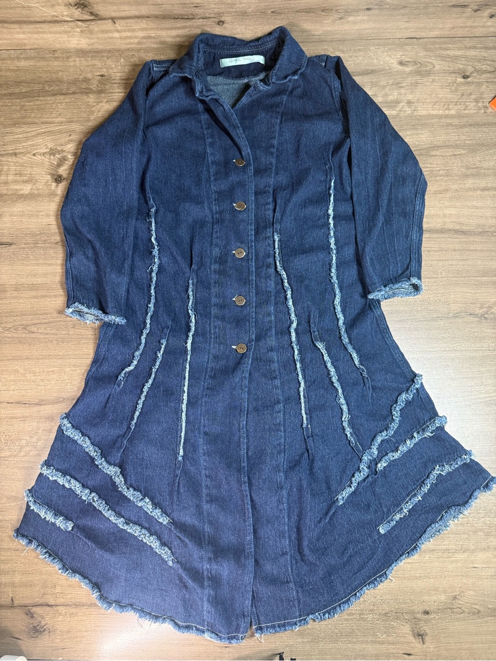 Cynthia Ashby Womens M Indigo Linen Cotton Duster Coat Raw Edge Lagenlook Boho